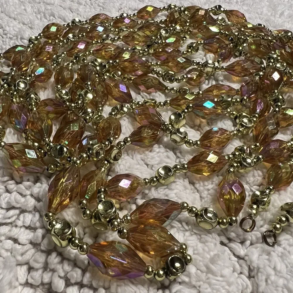 Amber Gold Iridescent Faceted Beaded Garland 24’ (Set of 2, Each 12’) Christmas